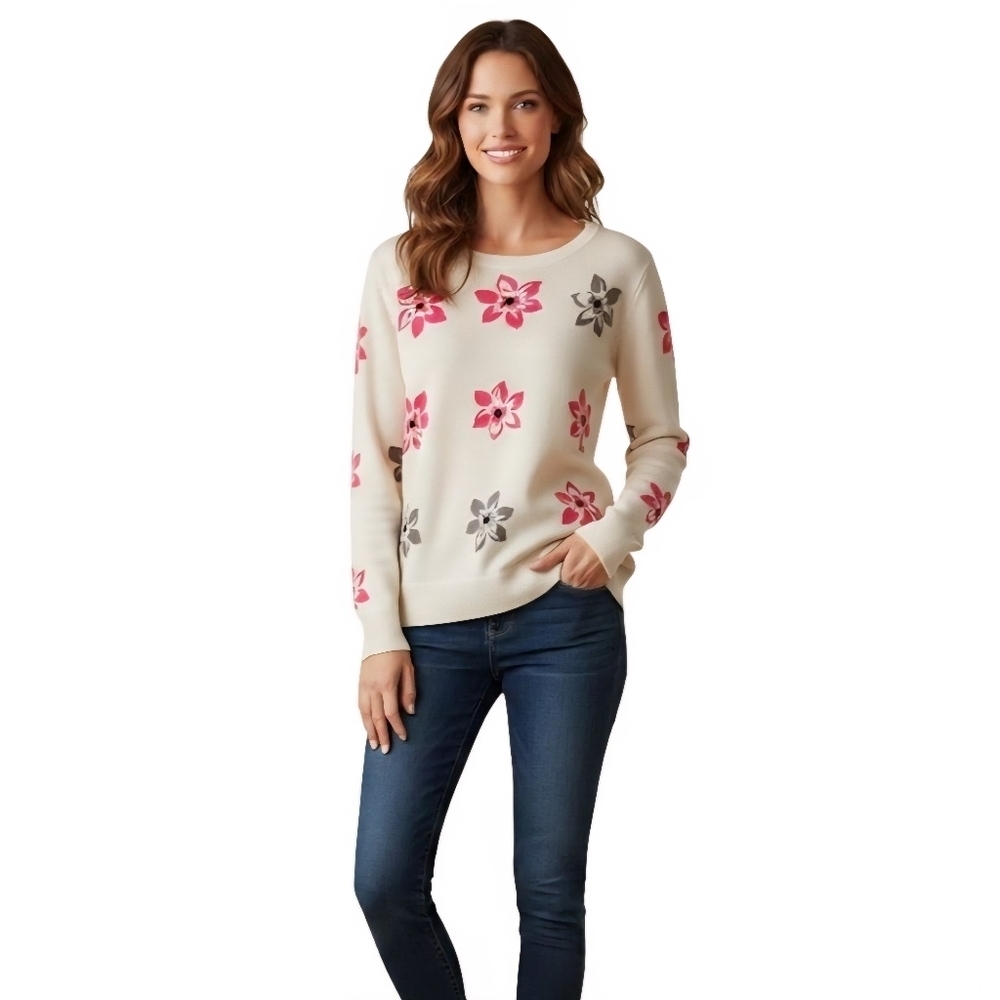 Loft Cotton Blend Neutral Floral Crewneck Pullover Sweater Size L